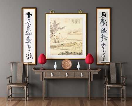  中式扶手椅边柜组合3d模型 