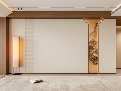  宋氏客厅沙发背景墙 新中式背景墙 落地灯 硬包背景墙 宋代美3d模型 