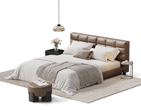  MINOTTI 现代奶油风双人床 卧室 吊灯 床头柜 地毯3d模型 