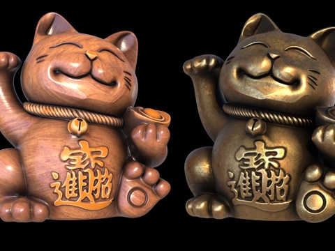  中式招财猫3D模型 中式招财猫木雕3D模型  中式招财猫铜雕3d模型 