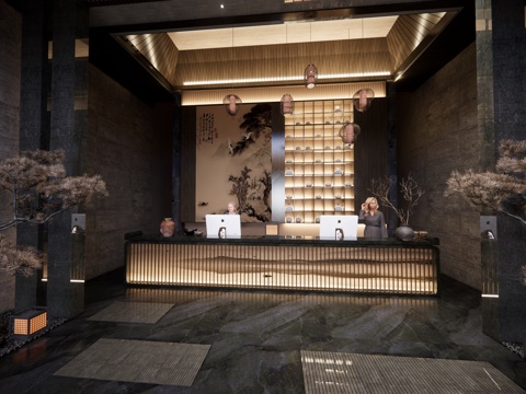  民宿酒店 前台接待 服务台su模型 
