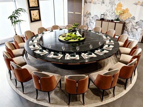  新中式包厢 新中式餐厅包间 复古餐饮包厢 屋脊餐厅大圆桌 13d模型 