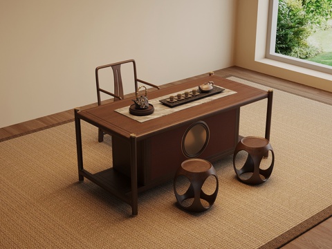  新中式茶桌椅3d模型 