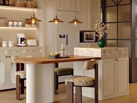  中古风家居餐厅 餐桌椅 餐边柜 吊灯3d模型 