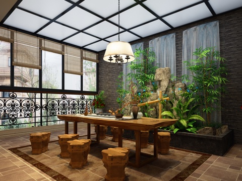  中式阳台露台3d模型 