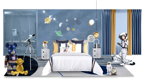现代简约创意蓝色星空儿童房