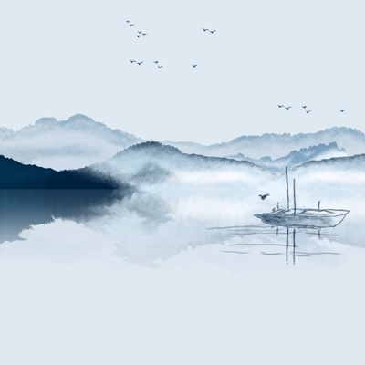  禅意水墨山水壁画 