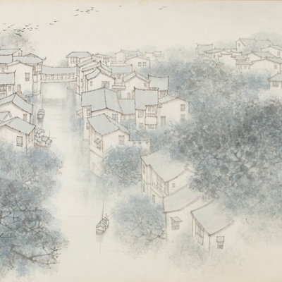  新中式房屋水墨壁画 