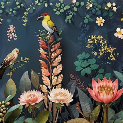  植物壁画挂画 现代轻奢花鸟壁画 轻奢法式植物壁纸 