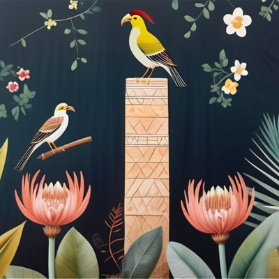  植物壁画挂画 现代轻奢花鸟壁画 轻奢法式植物壁纸 