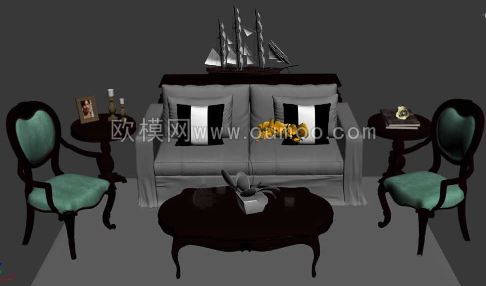 欧式布艺组合沙发3D模型免费下载-免费3dmax模型库-欧模网