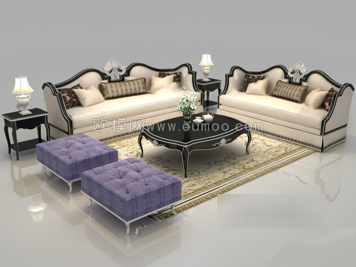 欧式米白色布艺组合沙发3d模型免费下载-免费3dmax模型库-欧模网