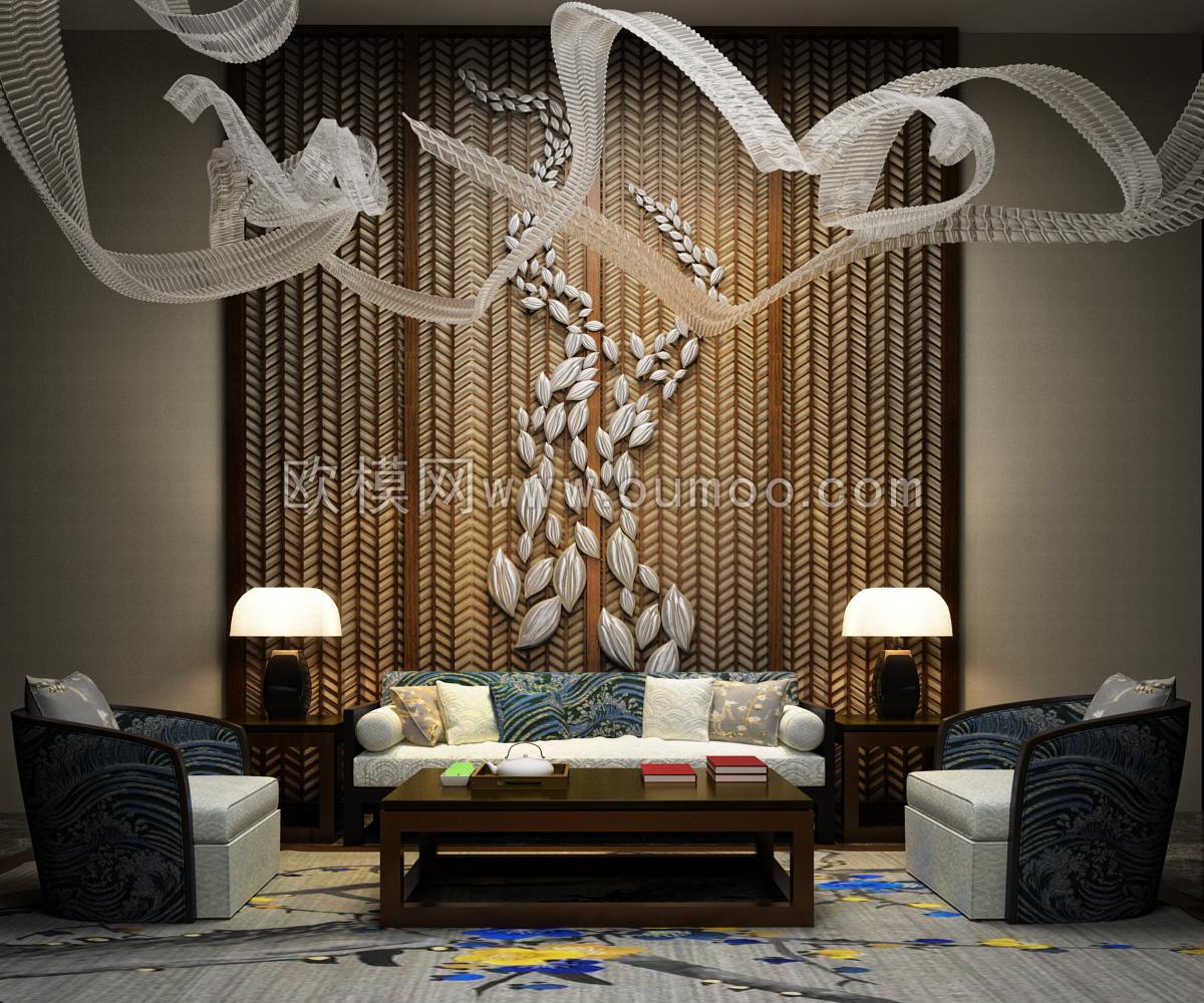 中式布艺组合沙发创意吊灯茶几台灯组合3d模型