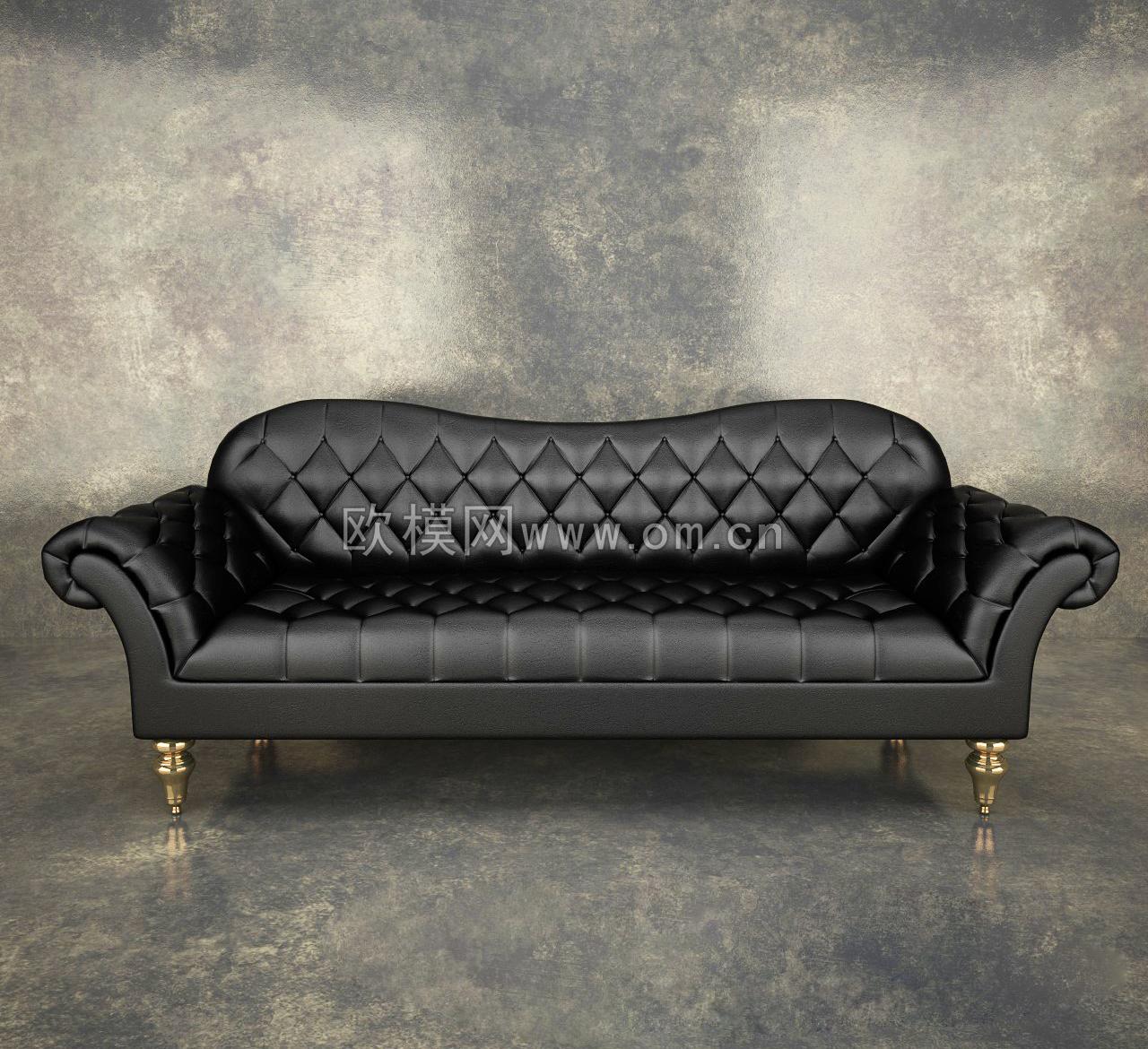 欧式黑色皮革多人沙发3d模型