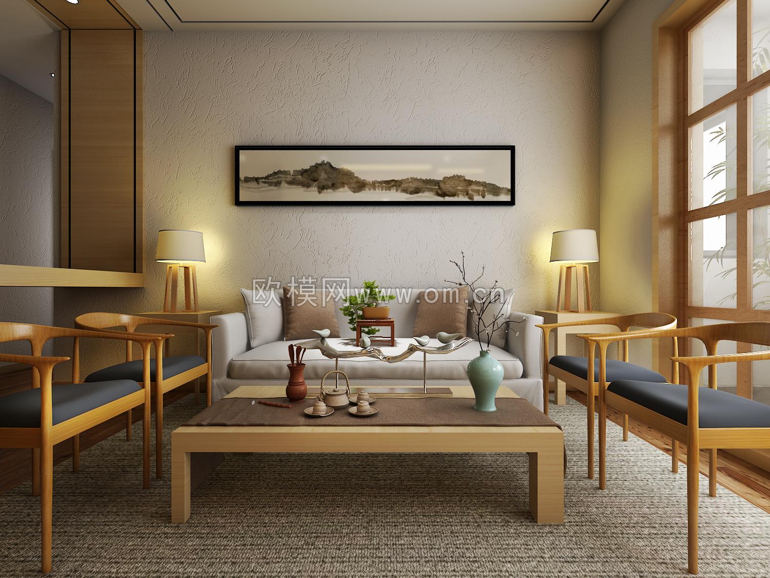中式组合沙发茶几摆件台灯组合3D模型