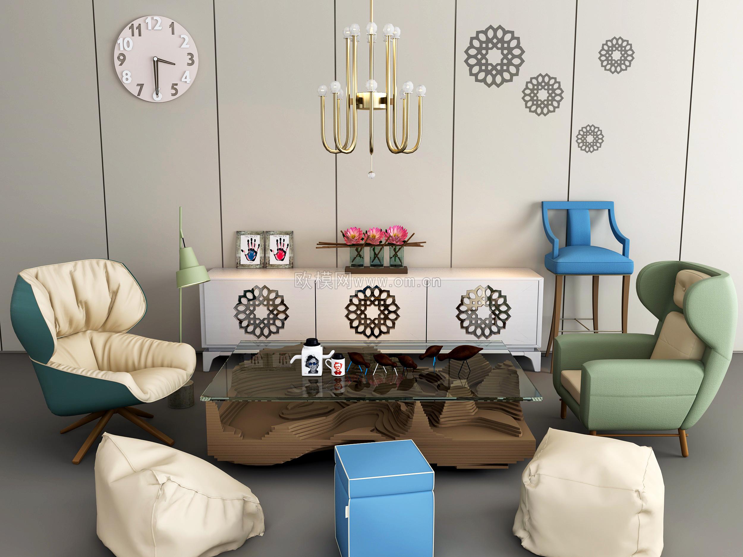 现代布艺休闲沙发茶几边柜吊灯组合3d模型