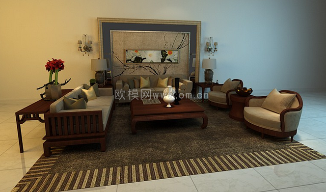 中式沙发组合3d模型免费下载-免费3dmax模型库-欧模网
