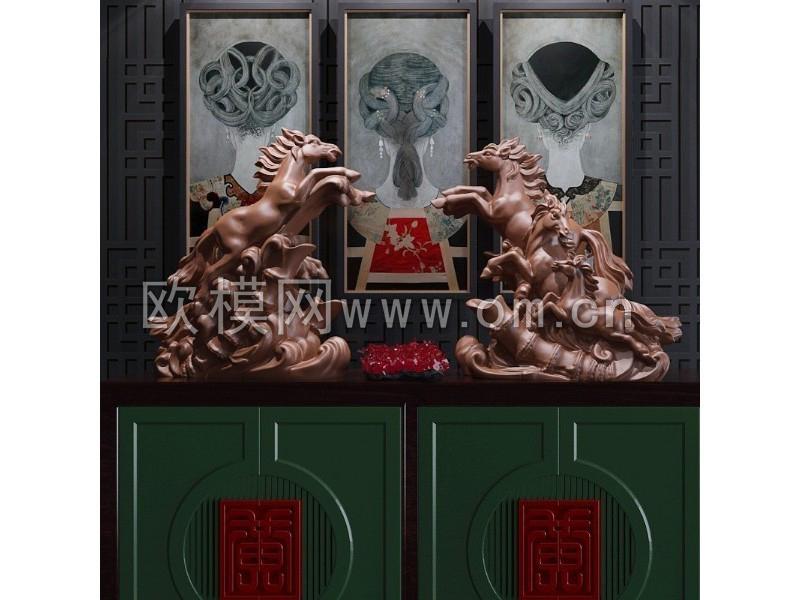 新中式奔马雕塑摆件组合3D模型