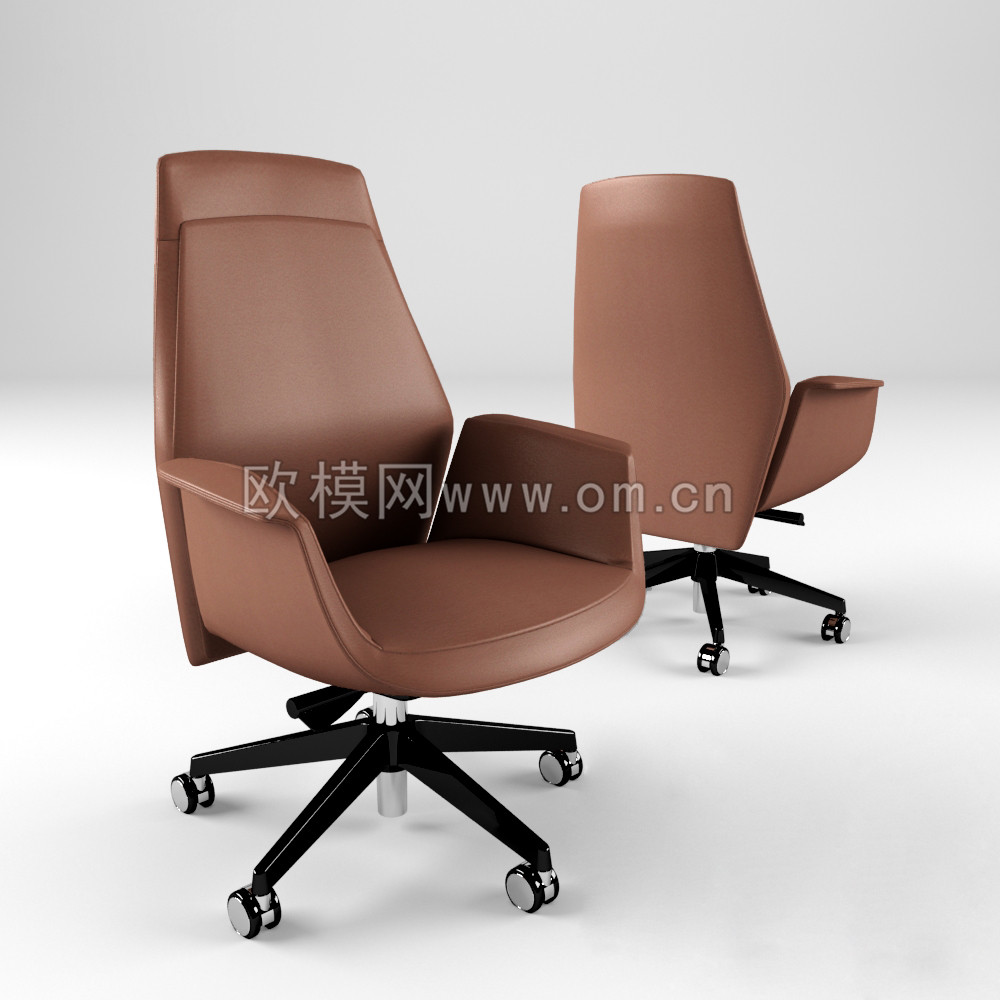 现代咖啡色皮革带脚轮办公椅3D模型