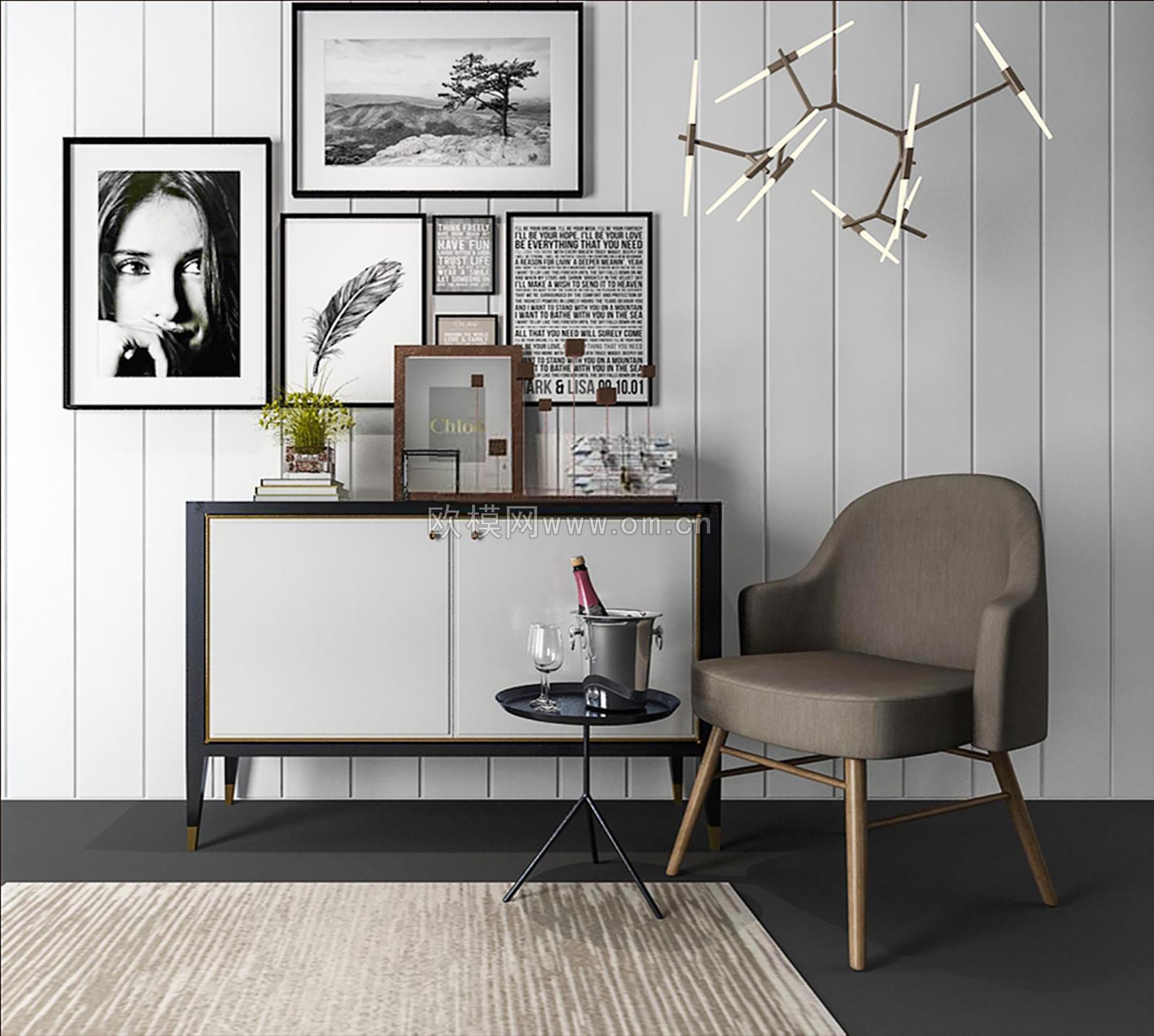 现代端景柜装饰画休闲单椅组合3d模型