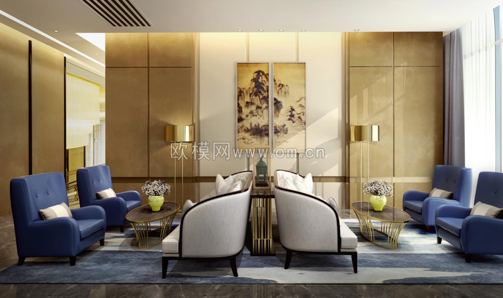 现代酒店休息区沙发组合3D模型-免费3dmax模型库-欧模网