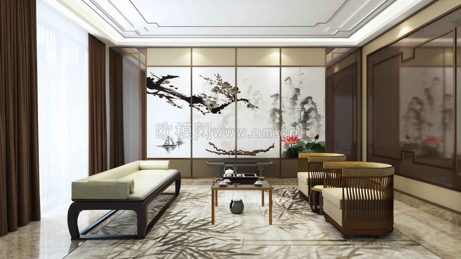 中式沙发茶几组合3D模型