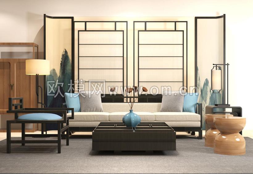 中式沙发茶几组合3D模型