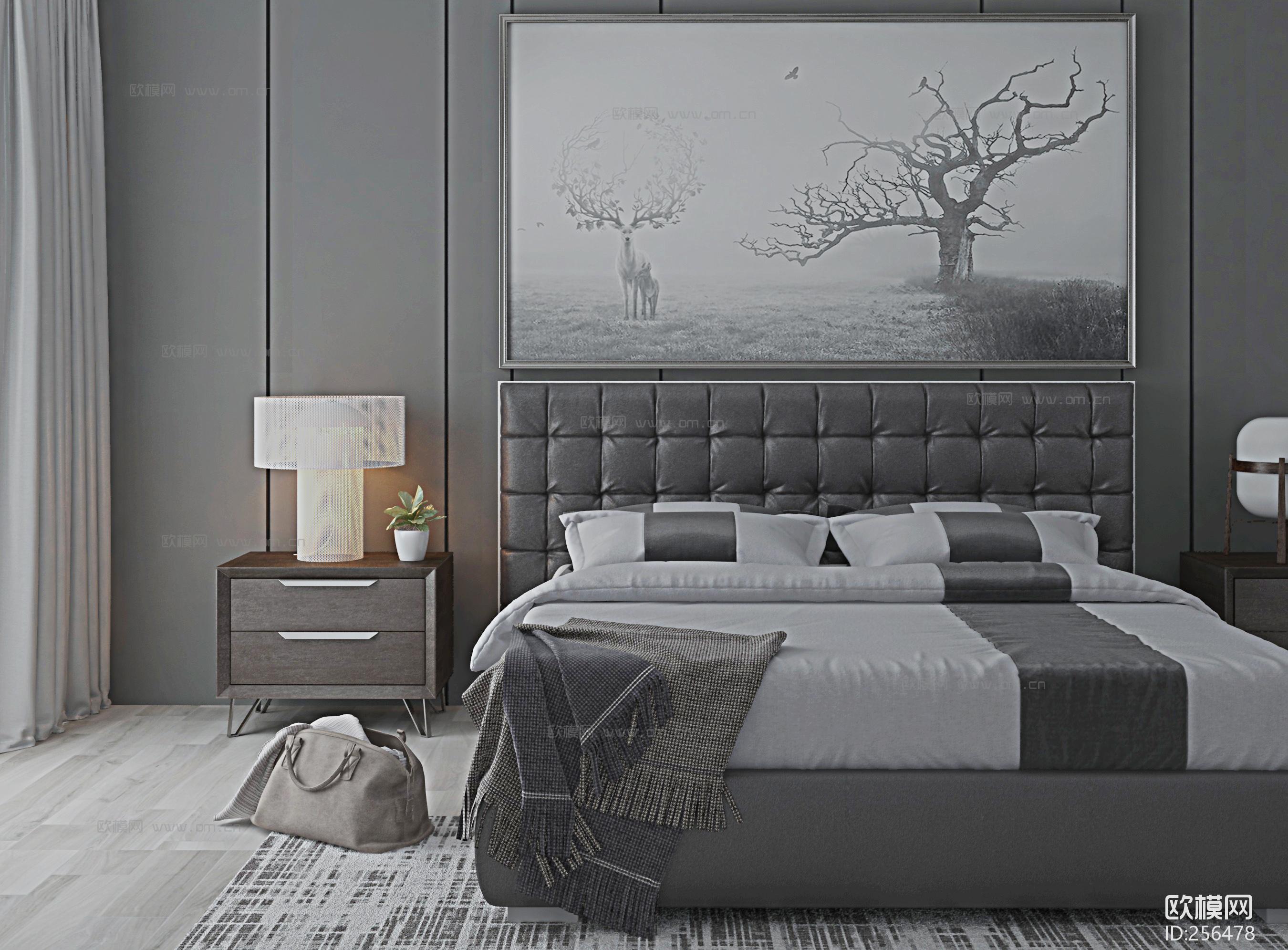 现代双人床床头柜组合3d模型