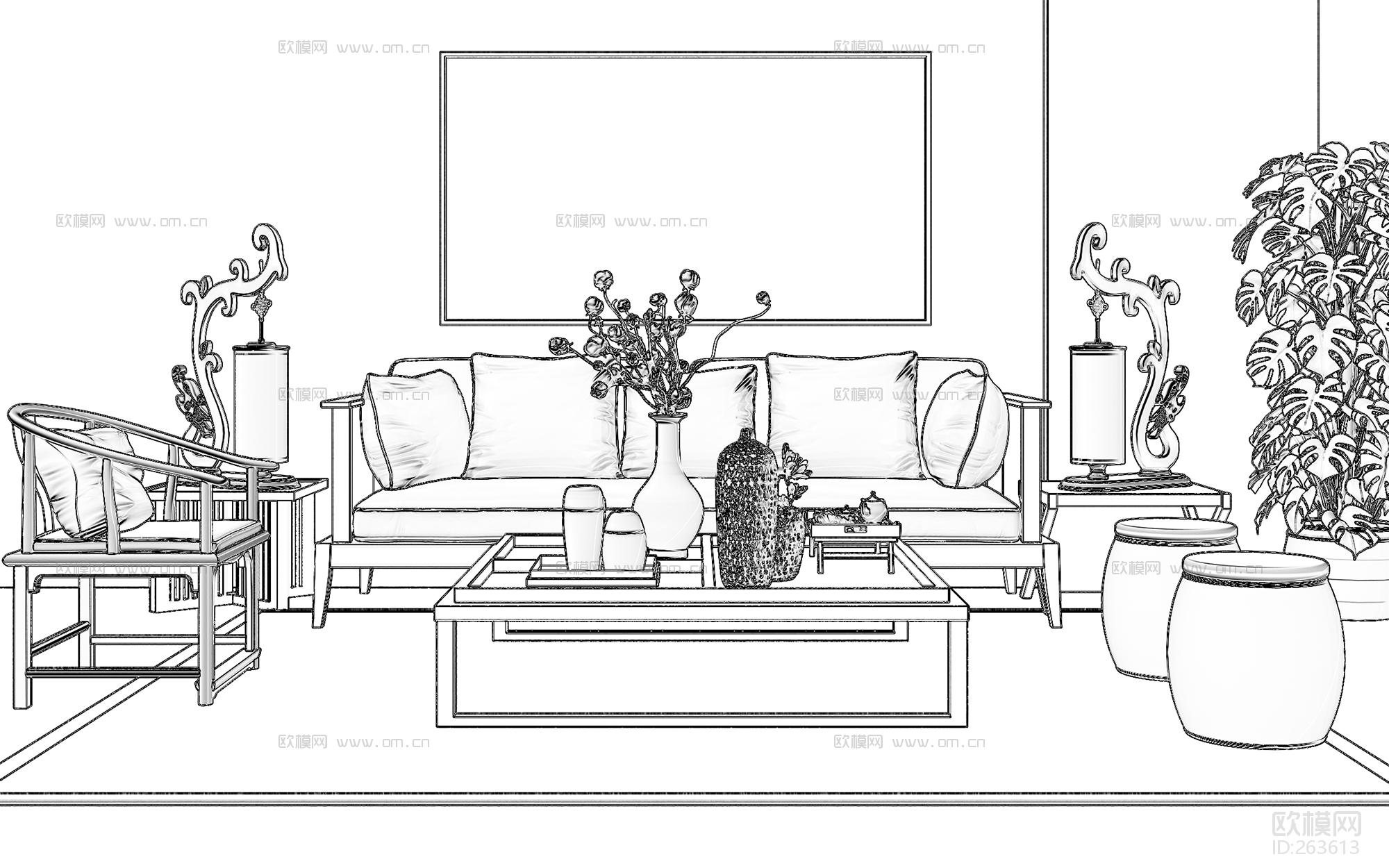 新中式沙发茶几休闲椅组合3d模型