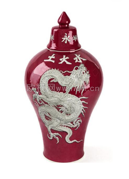 中式红色陶瓷工艺品摆件3D模型