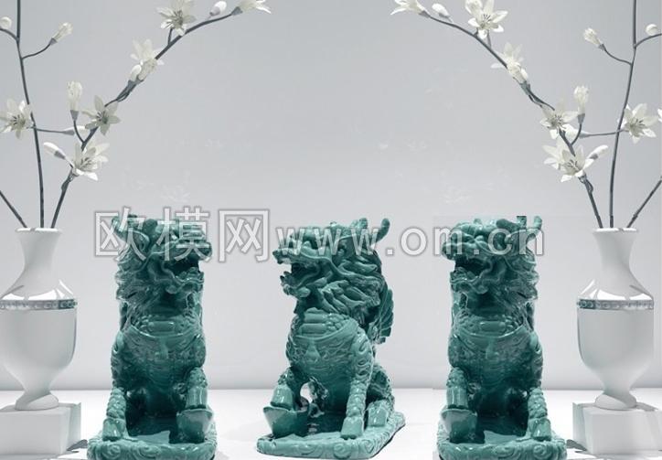 中式石狮子雕塑花瓶摆件组合3D模型