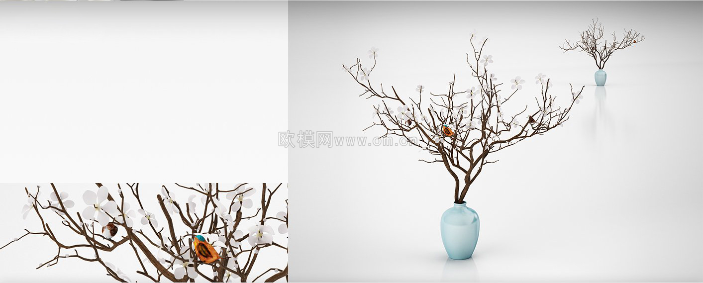 现代陶瓷花瓶梅花干枝组合3D模型