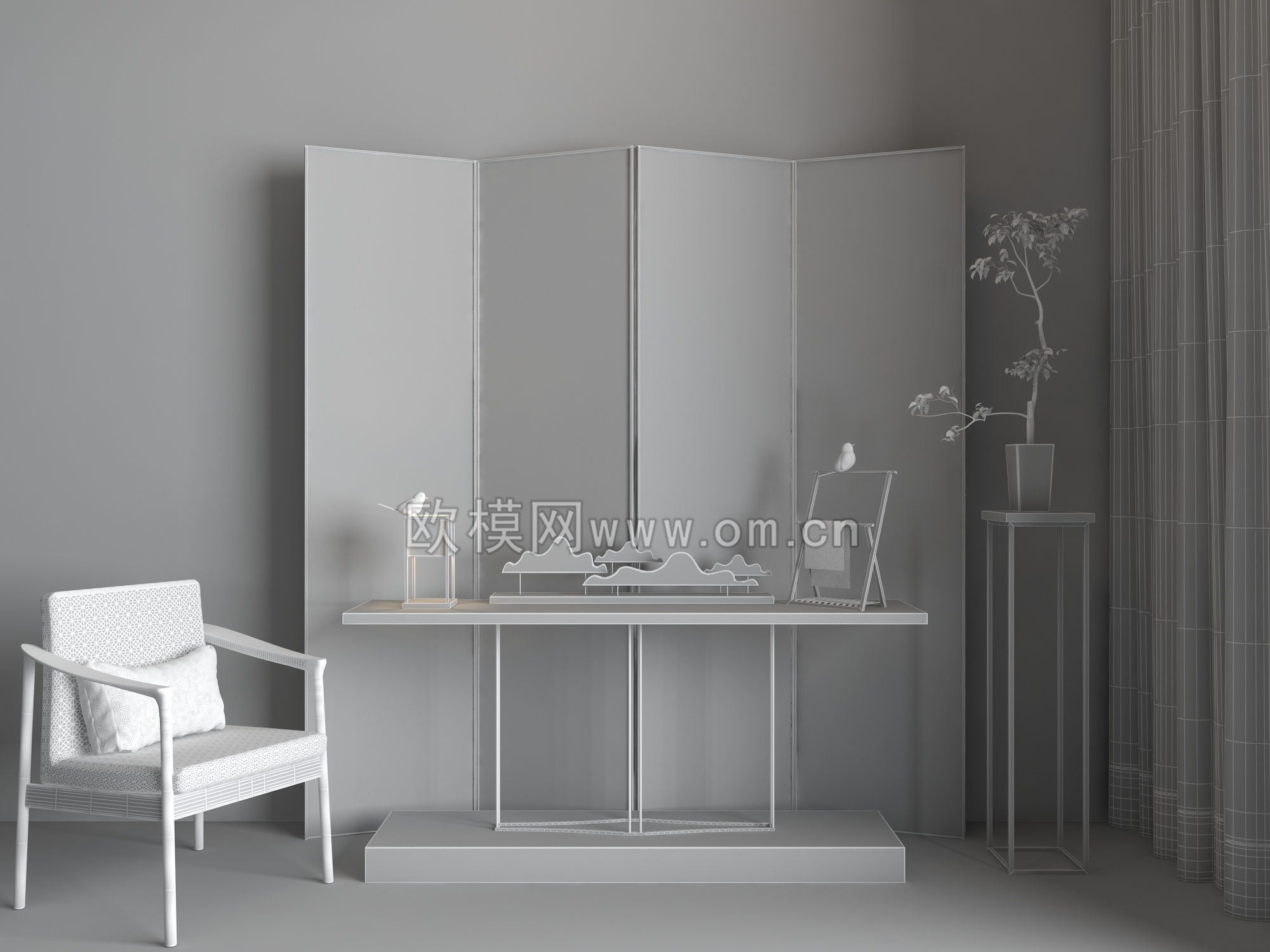 中式水墨画屏风端景条案饰品组合3D模型