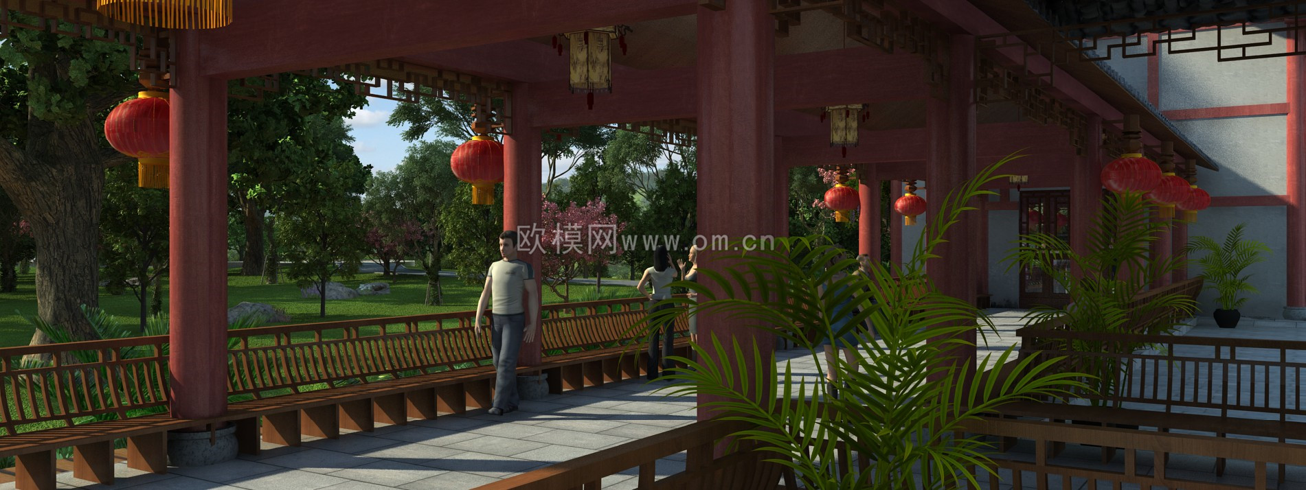 中式园林景观走廊3d模型