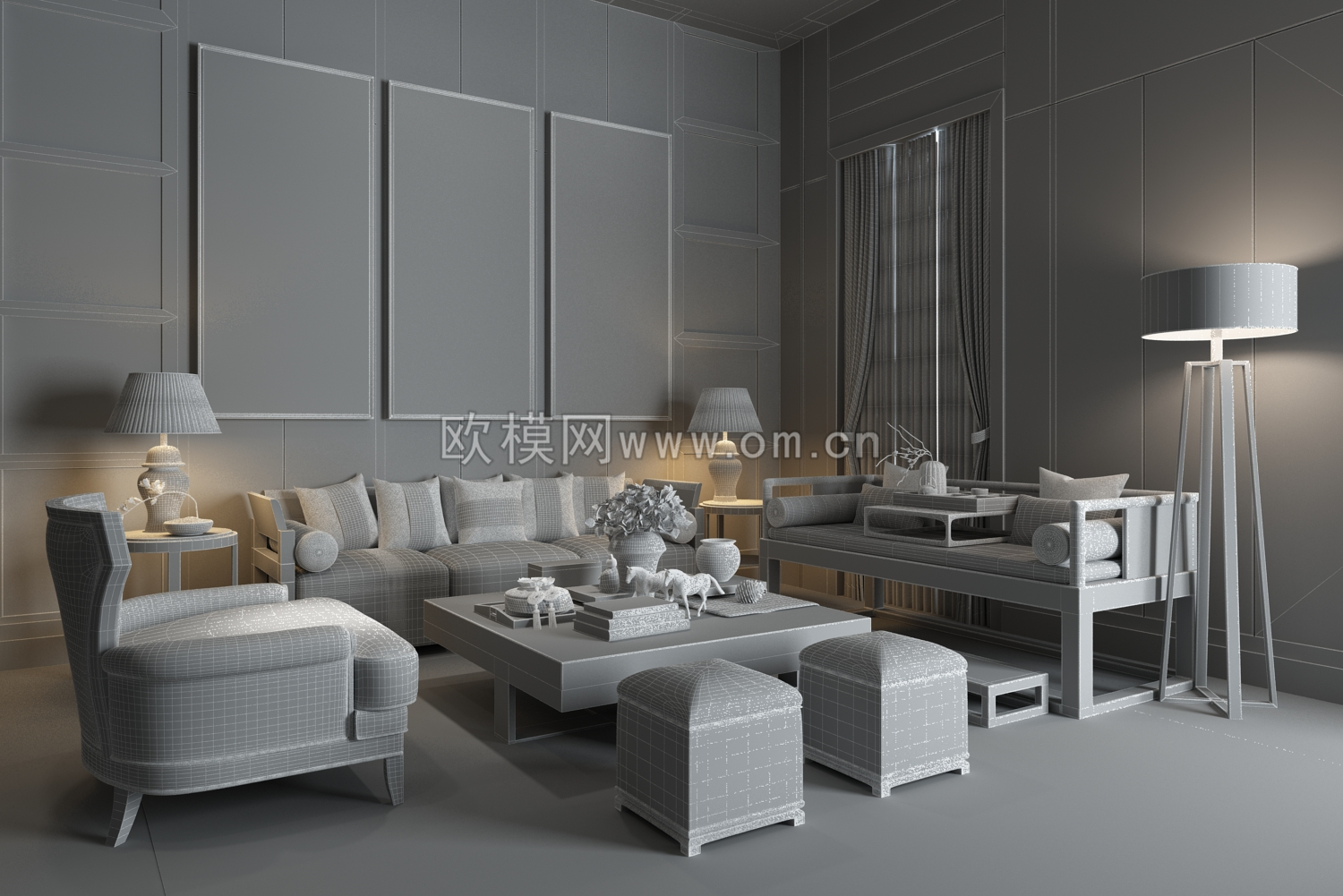 李益中中式客厅空间3D模型