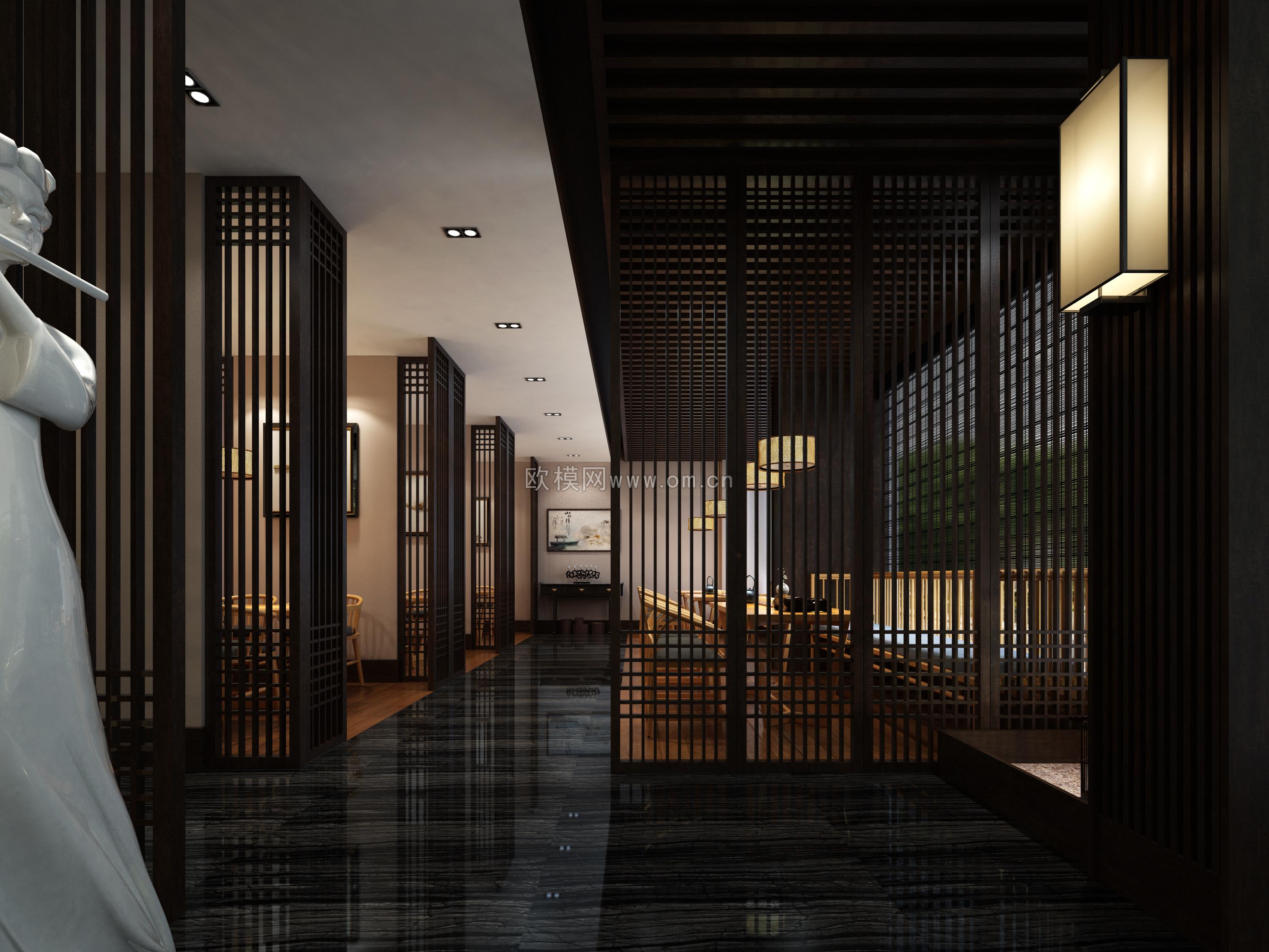 中式酒店前台过道侍女雕塑3d模型