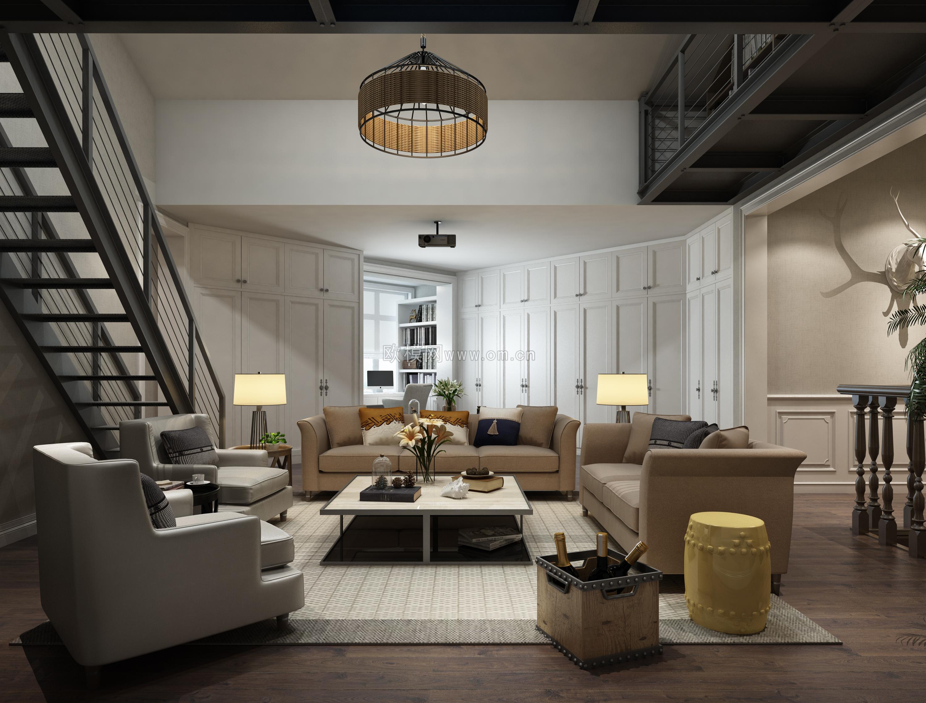 简美工业复式楼客厅3d模型