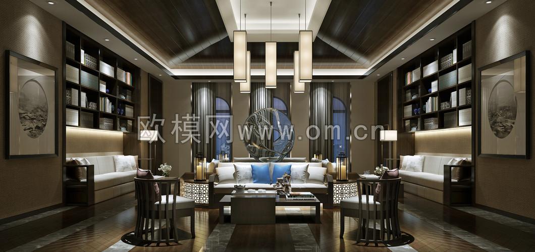 新中式会所会客厅3D模型-免费3dmax模型库-欧模网