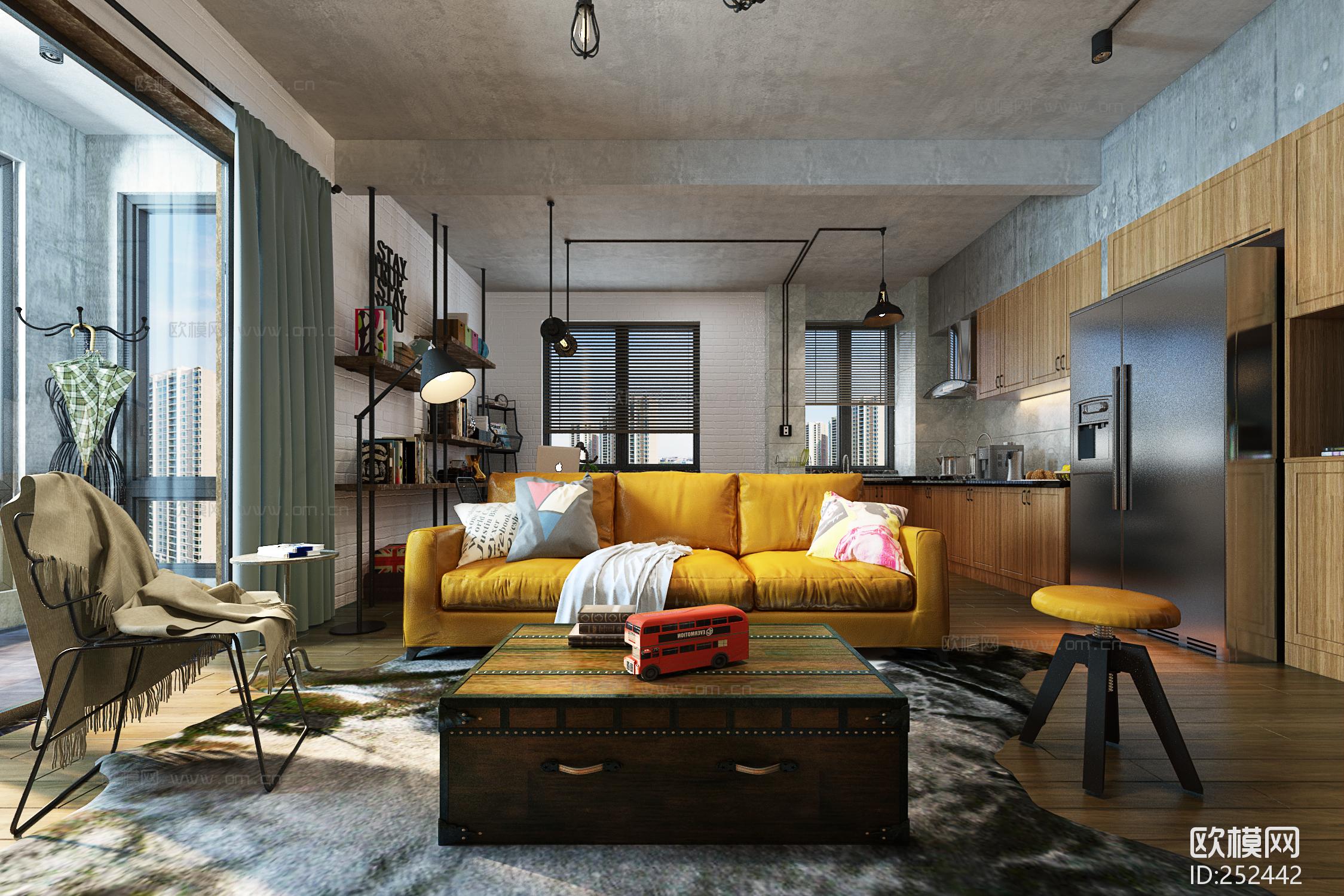 工业风客餐厅厨房3d模型-免费3dmax模型库-欧模网