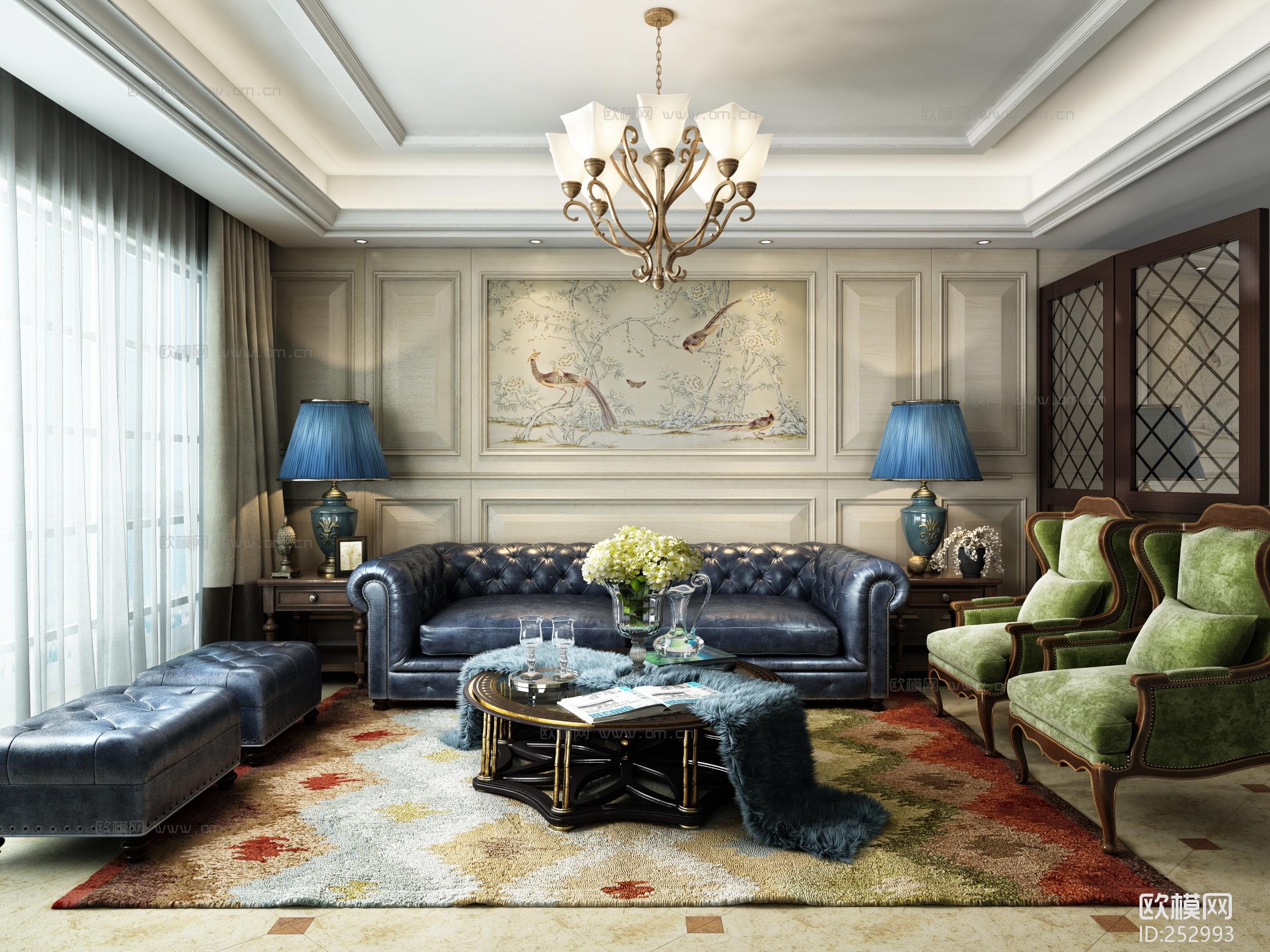 美式客厅空间3d模型_精品3d模型_3d模型免费下载_欧模网