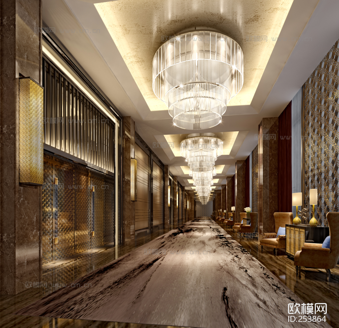 中式走廊过道接待区3D模型-免费3dmax模型库-欧模网