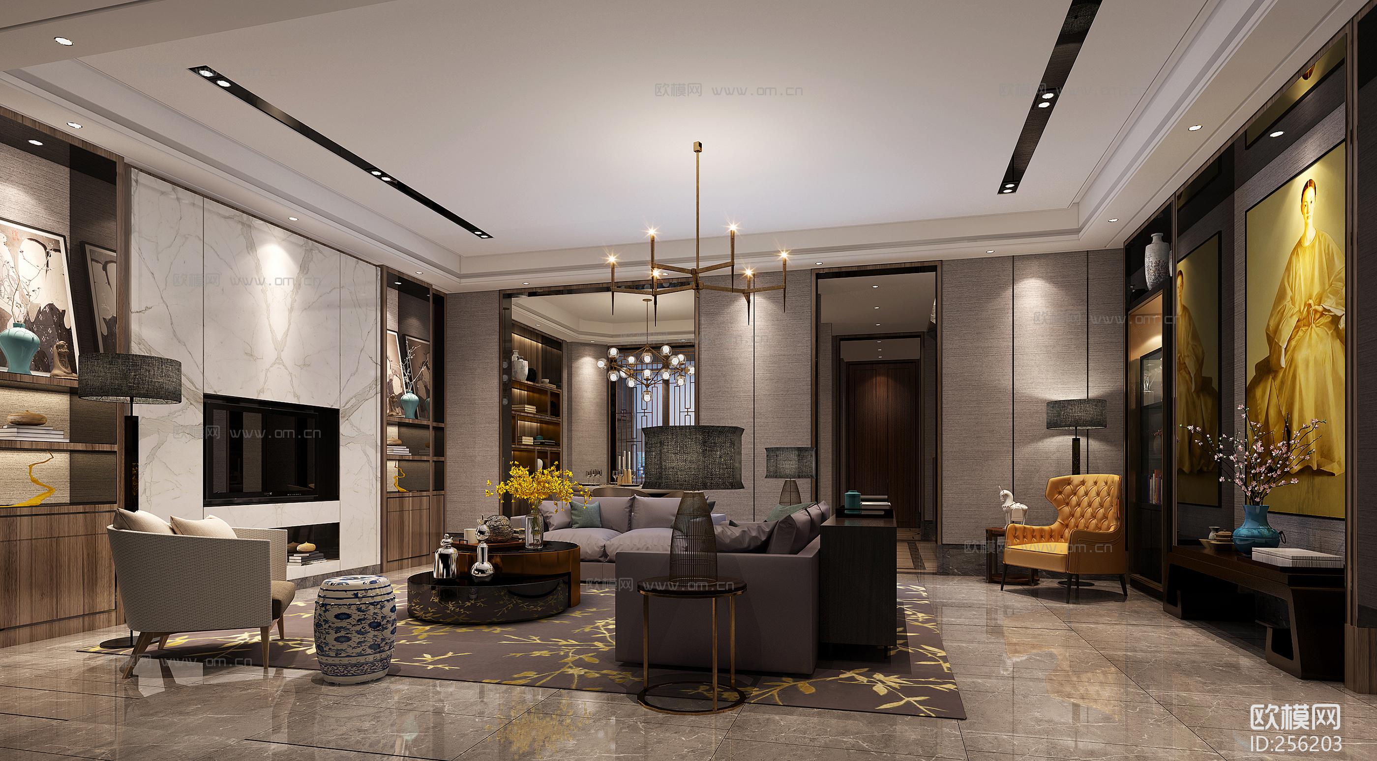 新中式客厅空间3d模型-免费3dmax模型库-欧模网