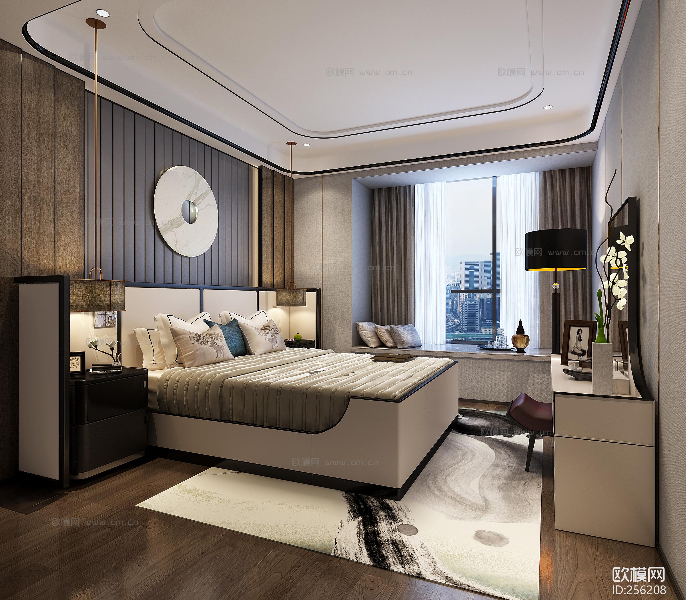 新中式卧室空间3d模型-免费3dmax模型库-欧模网