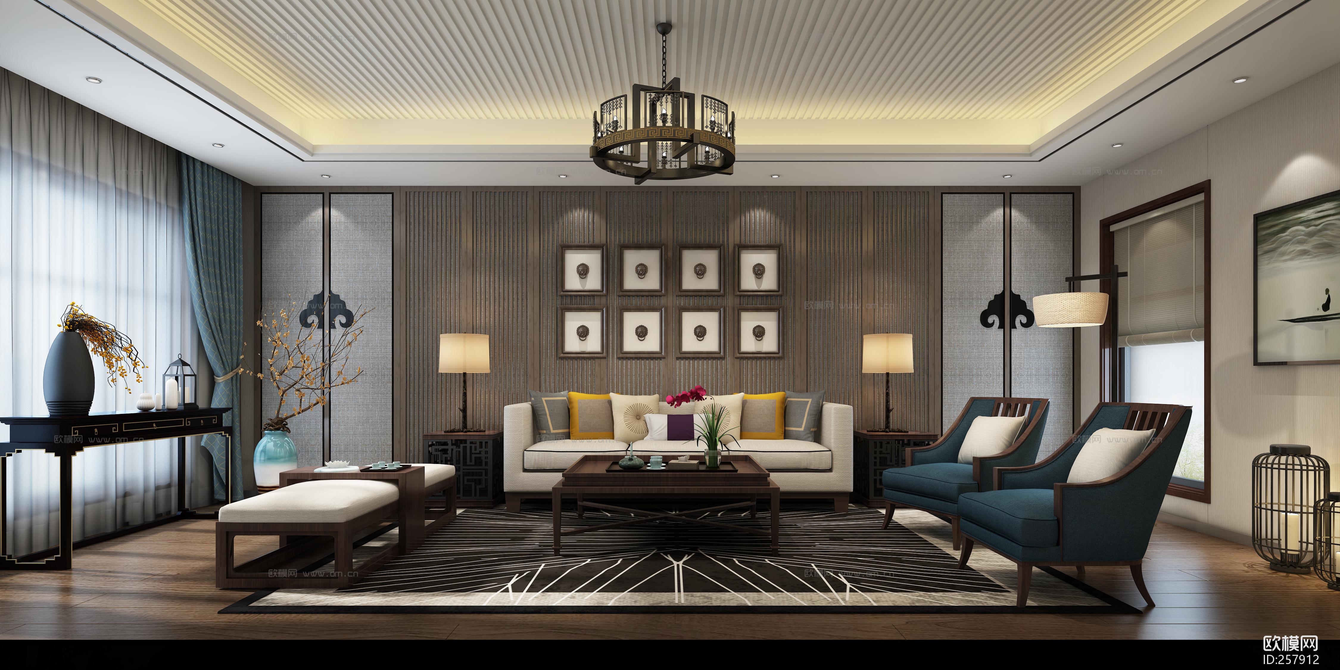 新中式客厅空间3d模型