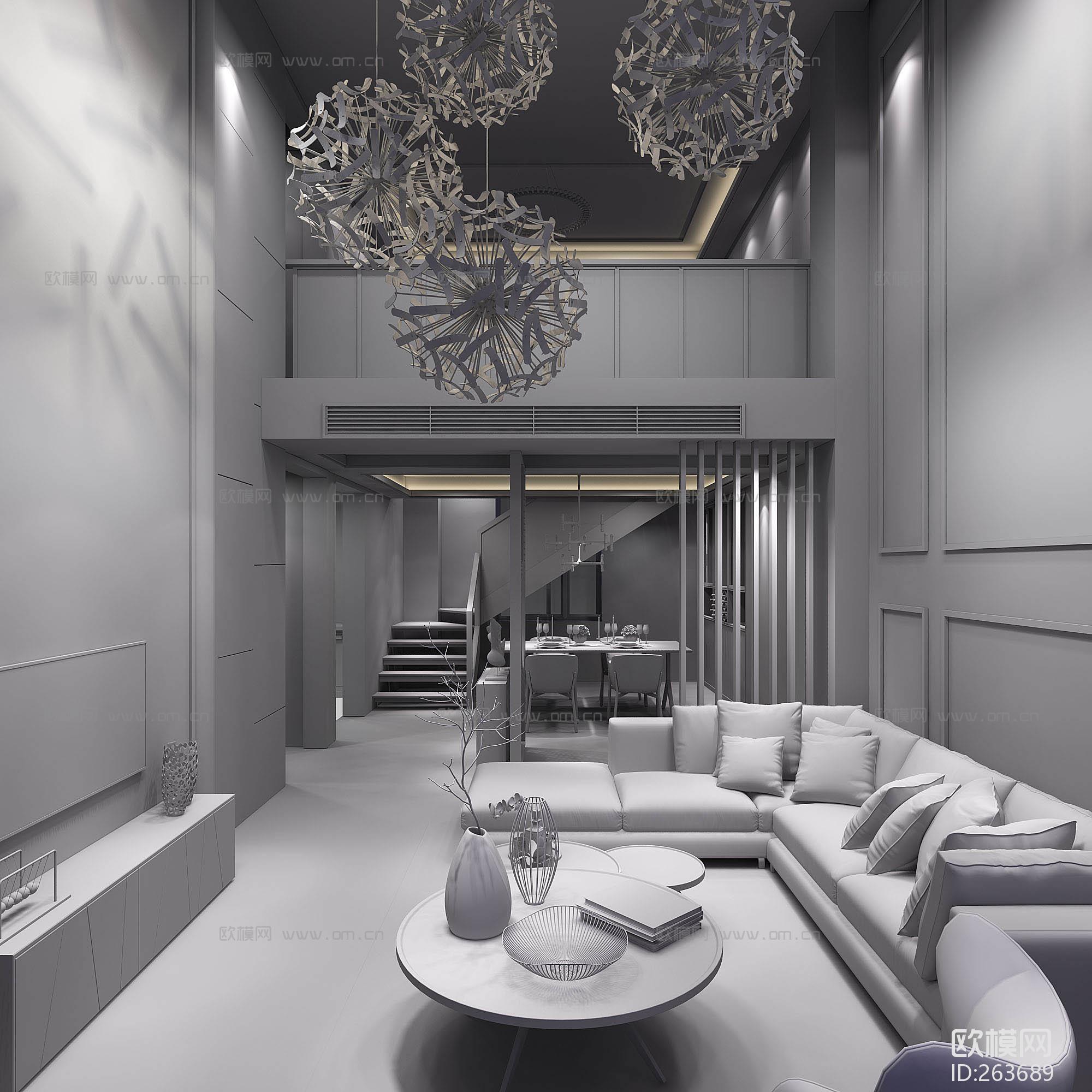 现代复式楼客厅空间3d模型