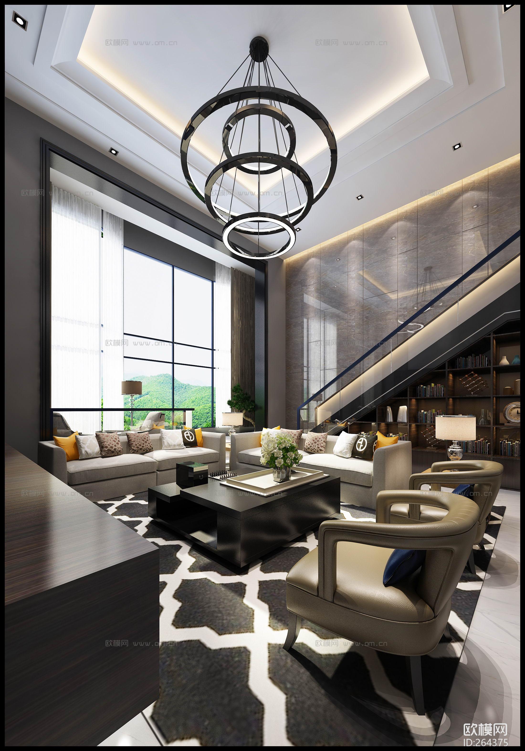 现代复式楼客厅餐厅玄关厨房组合3d模型