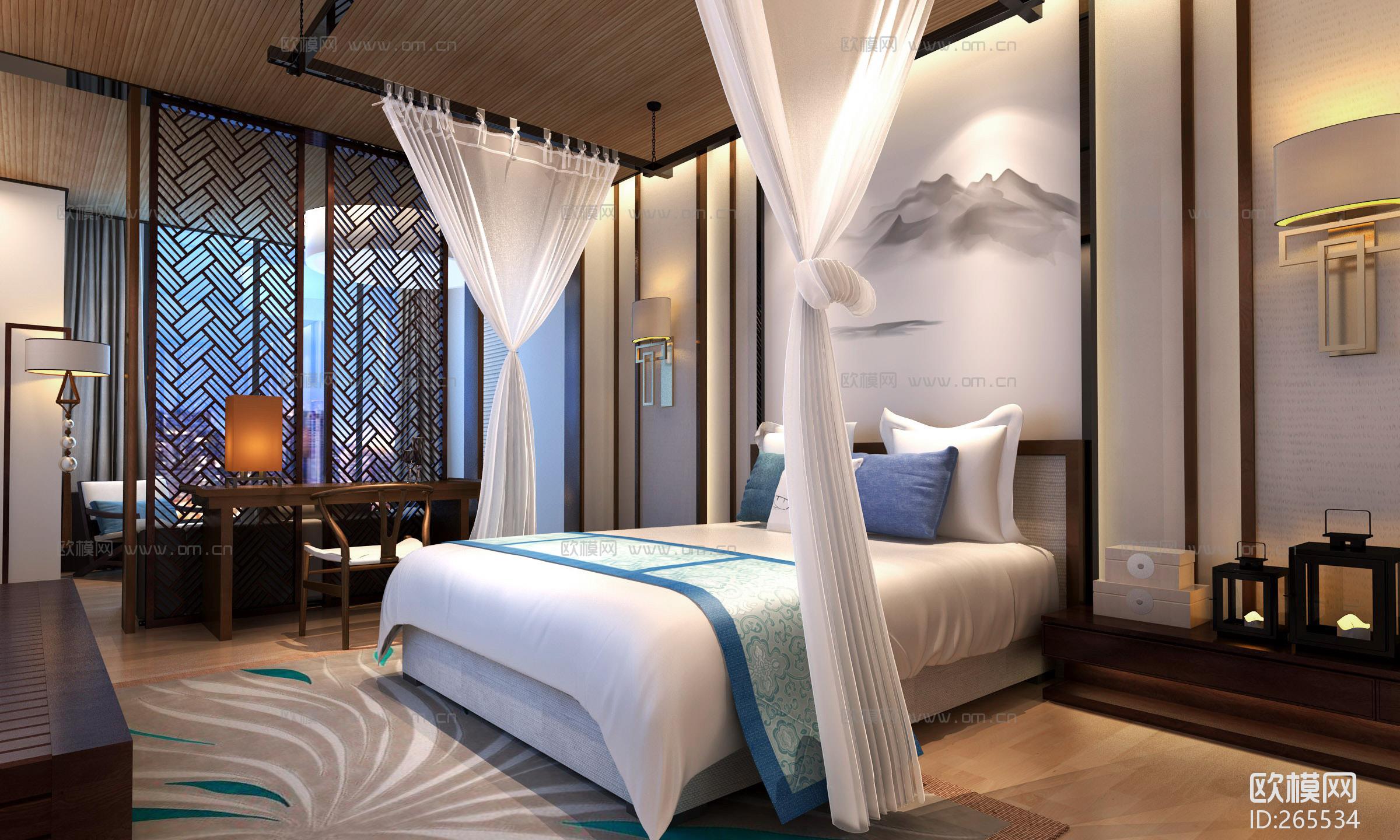 新中式酒店客房标间3d模型