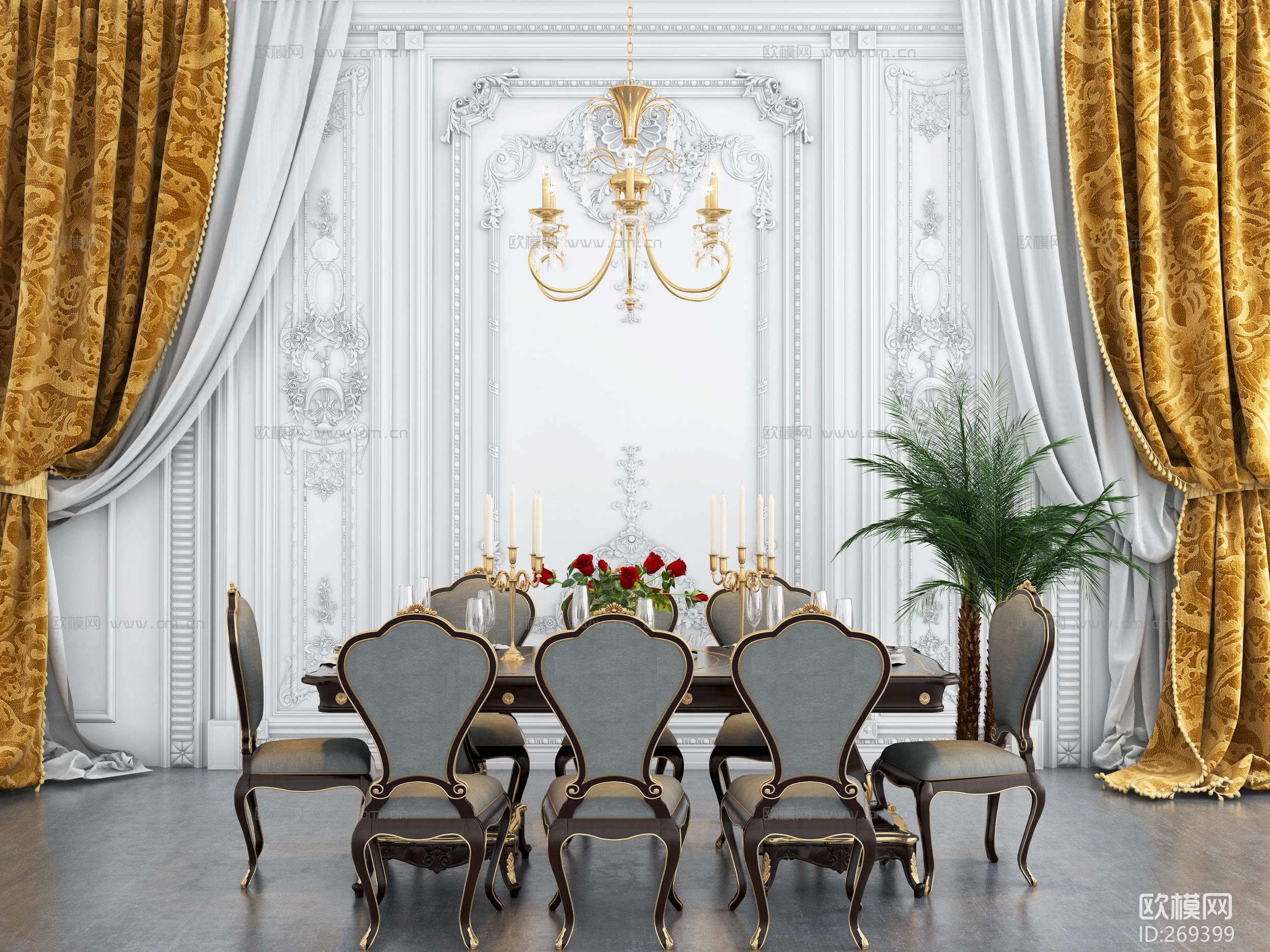欧式奢华背景墙餐桌椅组合3d模型