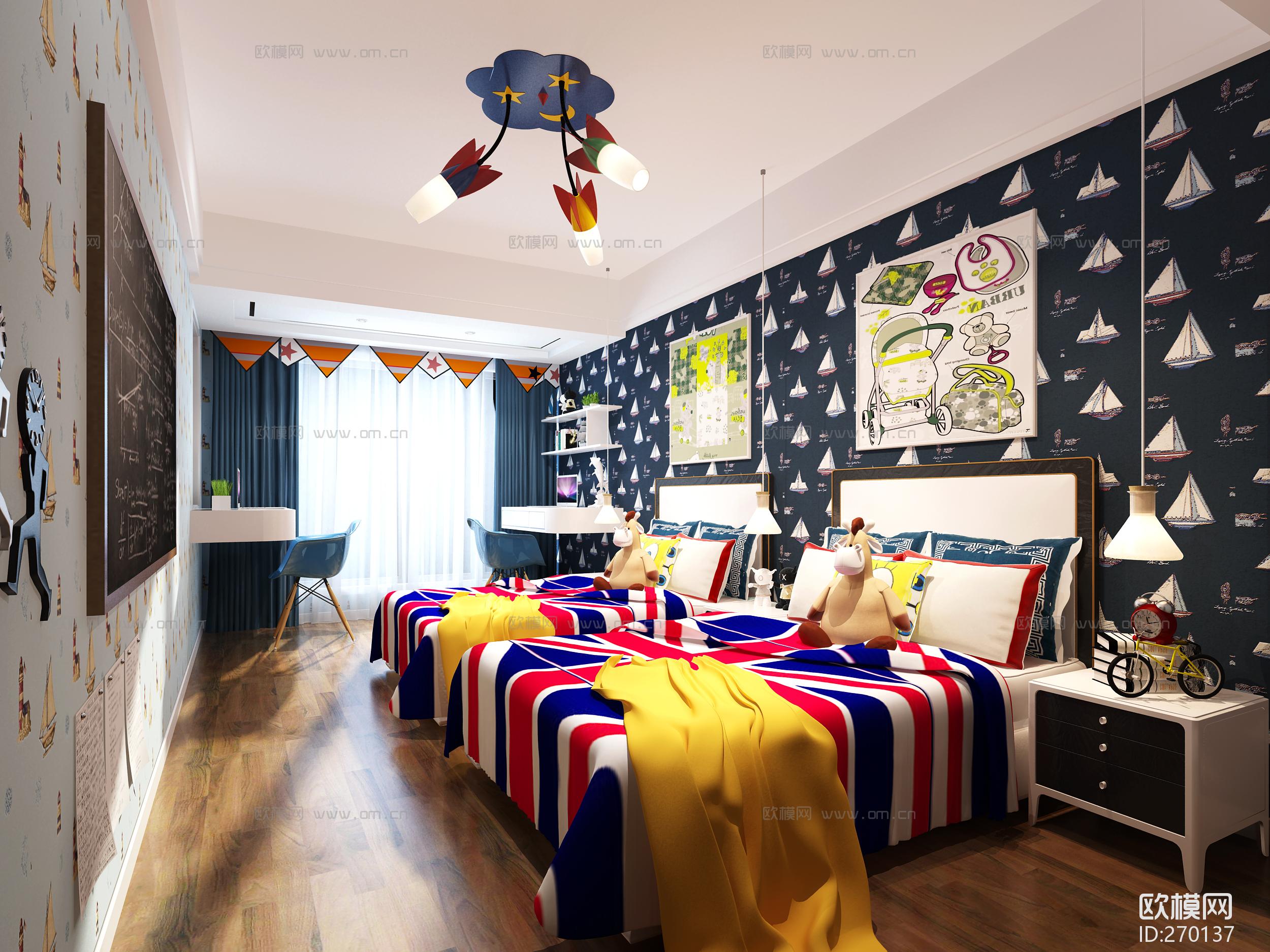 北欧男孩儿童房卧室空间3d模型