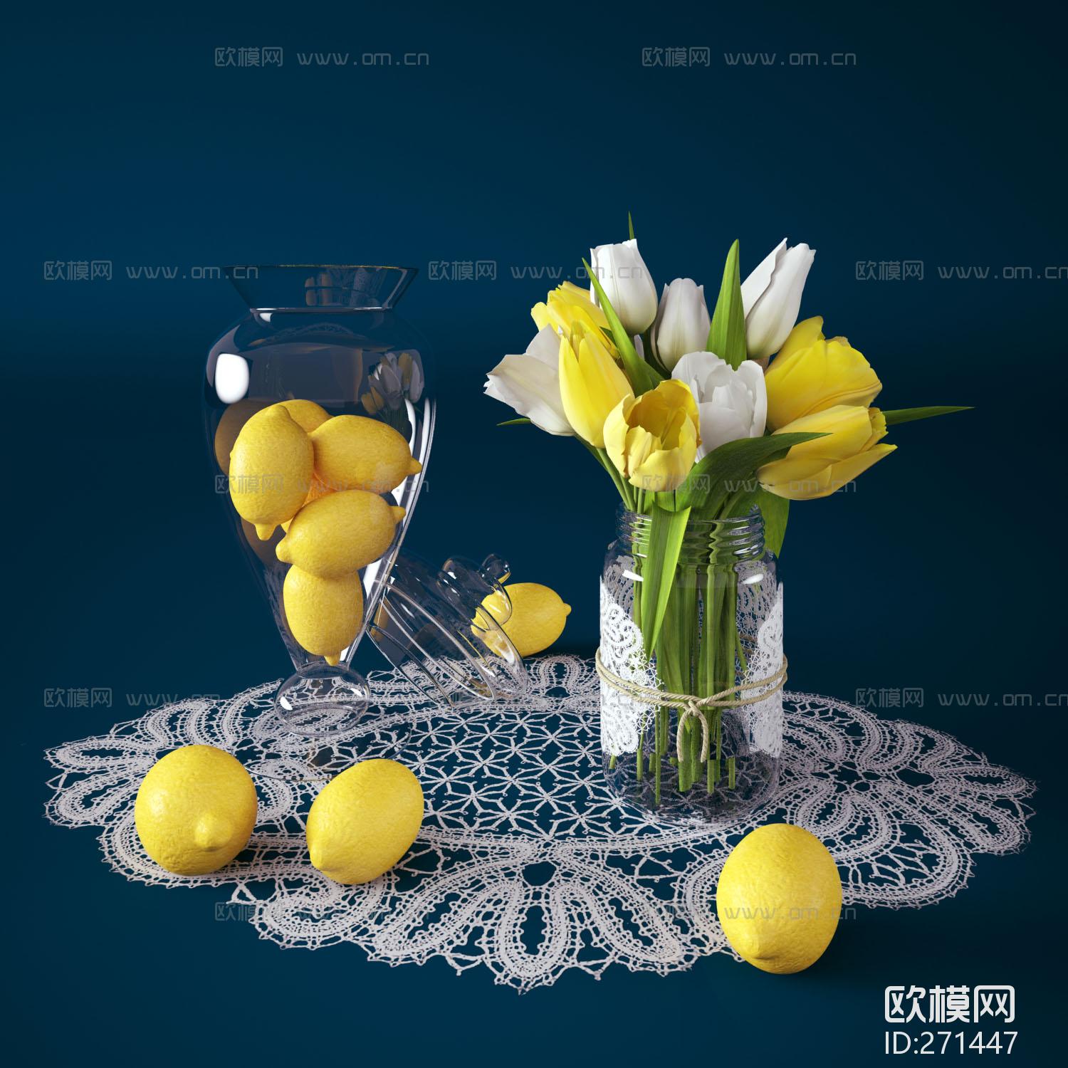 现代玻璃花瓶花卉柠檬装饰组合3D模型